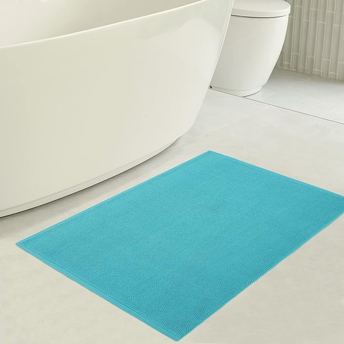 American Soft Linen Bath Rug, 17 in 24 in 100% Cotton Bath Mats Rugs for Bathroom, Slip Reducer Washable Shaggy Form Area Rugs, Turquoise Blue Bath Rug