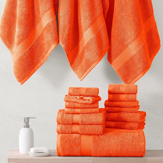 LANE LINEN 100% Luxury Cotton Bath Towel Set - Durable, Quick Dry, Ultra Soft & Highly Absorbent - 4 Bath, 4 Fingertip, 6 Hand Towel, 8 Washcloths, 2 Bath Sheets - Ring Spun Technology - Tiger Lily