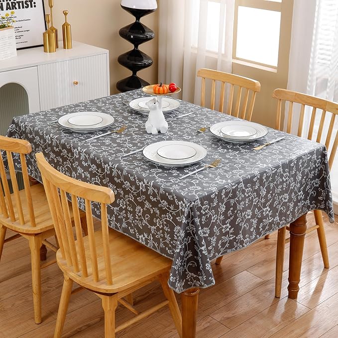 Heavy Duty Vinyl Tablecloth with Flannel Backing Waterproof Oil-Proof Plastic Table Cloth Stain-Resistant Wipeable Rectangle or Square Table Cover for Indoor and Outdoor (Grey Floral,52x70 Inch)