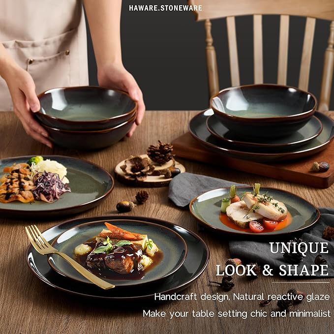 HaWare Dinnerware Sets, 24-Piece Stoneware Plates and Bowls Set, Dish Set for 8, Ceramic Dishware for Home Restaurant, Chip and Scratch Resistant, Microwave and Dishwasher Safe, Reactive Moss Green