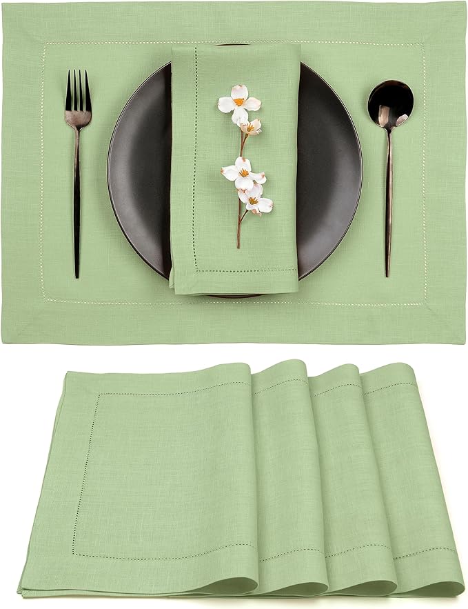 D'Moksha Homes Sage Green Linen Cloth Placemats Set of 4-100% Pure Linen Hemstitch Placemats 14 x 19 Inch - Classic Hemstitch Table Place Mats for Winter - Handcrafted and Machine Washable