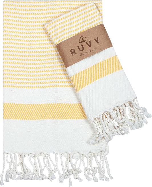 Ruvy Home Basics Turkish Hand Towels for Bathroom Set of 2 | 18"x40", Cotton | Decorative Towel for Bathroom, Kitchen, Dishcloth, Tea, Yoga, Face, Gym - Yellow