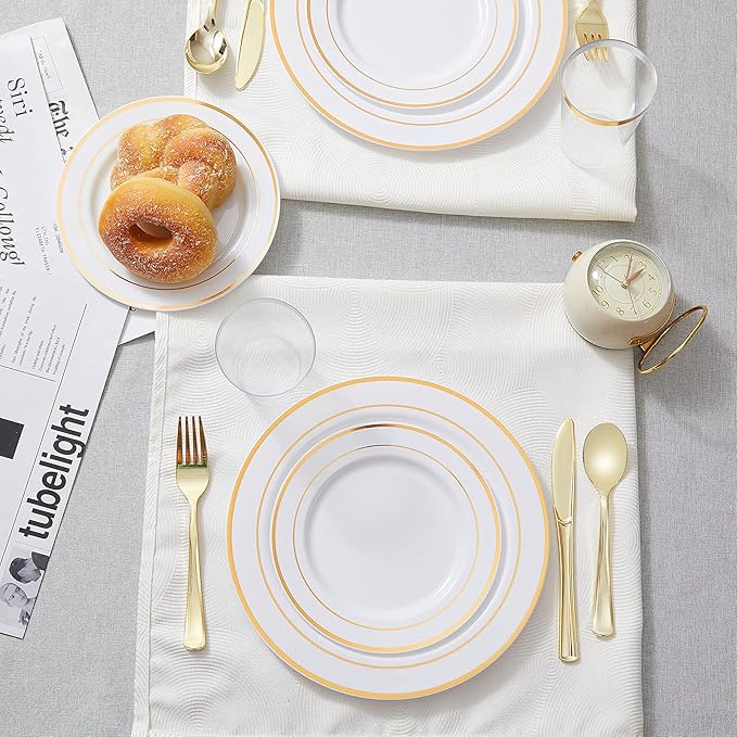 N9R 300PCS Gold Plastic Silverware, Heavy Duty Gold Plastic Cutlery Set Disposable Flatware Dinnerware, 100 Forks, 100 Spoons, 100 Knives, Perfect for Party, Wedding and Daily Use