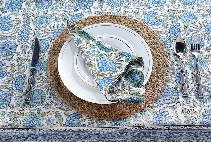 Ridhi Asparagus Green Hand Block Print Cotton Rectangle Tablecloth 118" x 70" inches Reusable Table Cover Decorative Everyday Use for Dining, Farmhouse, Home, Party, Festive, Wedding, Fall