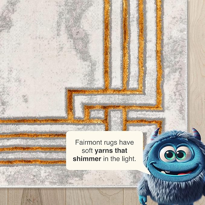 Well Woven Fairmont Collection Huntington Grey Gold & Ivory Marble Border Elegant & Soft 2x3 Mat Rug Perfect for Entryway & Bedroom Durable Stain Resistant & Easy to Clean