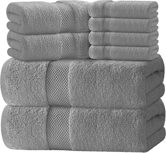 White Classic Luxury Bath Towel Set of 8 Pieces - 100% Turkish Cotton Highly Absorbent Towels for Bathroom, 2 Luxury Bath Towels 700GSM, 2 Hand Towels, 4 Washcloths, Light Gray