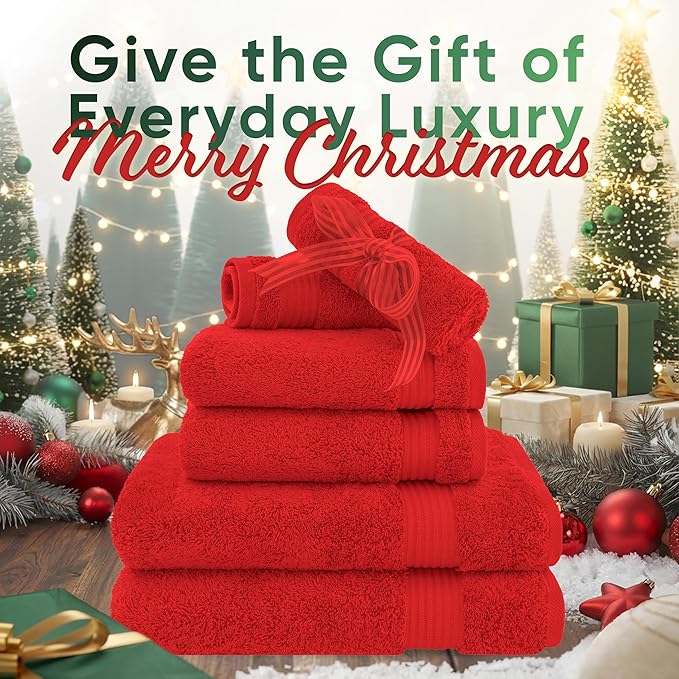 American Veteran Towel, 6 Piece Towel Set for Bathroom, 100% Cotton Turkish Bathroom Towels, 2 Bath Towels 2 Hand Towels 2 Washcloths, Red