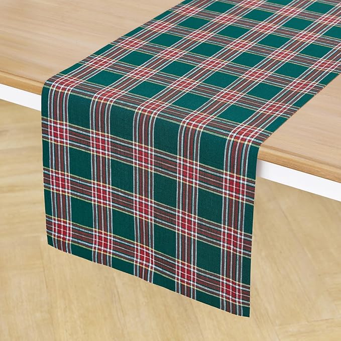 Solino Home Table Runner 108 Inches Long - 100% Pure Linen Green Tartan Plaid Table Runner 14 x 108 Inch for Dining, New Year