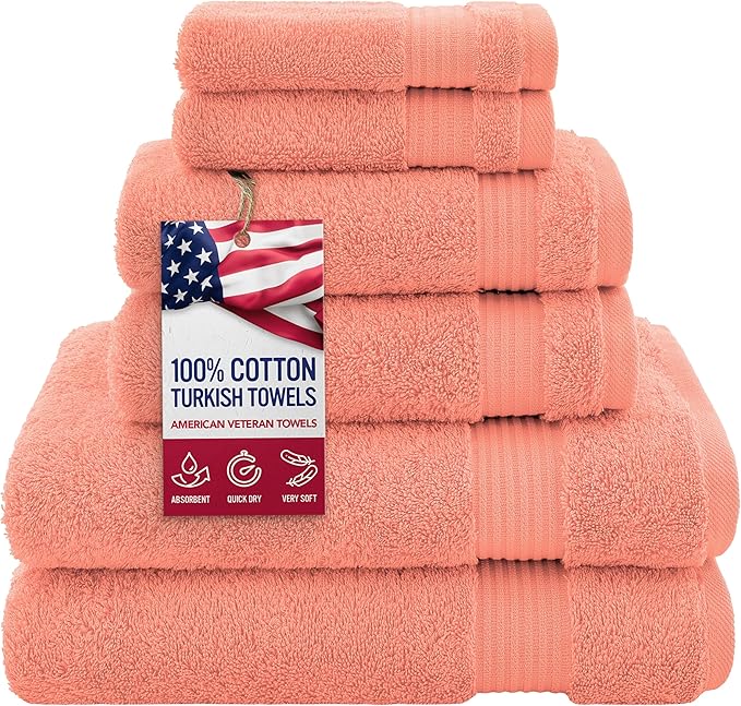 American Veteran Towel, 100% Cotton Turkish 6 Piece Towel Set, Luxury Towels Set of 6 for Bathroom Essentials, 2 Bath Towels 2 Hand Towels 2 Washcloths, Coral