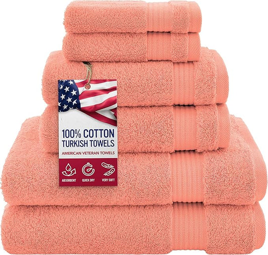 American Veteran Towel, 100% Cotton Turkish 6 Piece Towel Set, Luxury Towels Set of 6 for Bathroom Essentials, 2 Bath Towels 2 Hand Towels 2 Washcloths, Coral