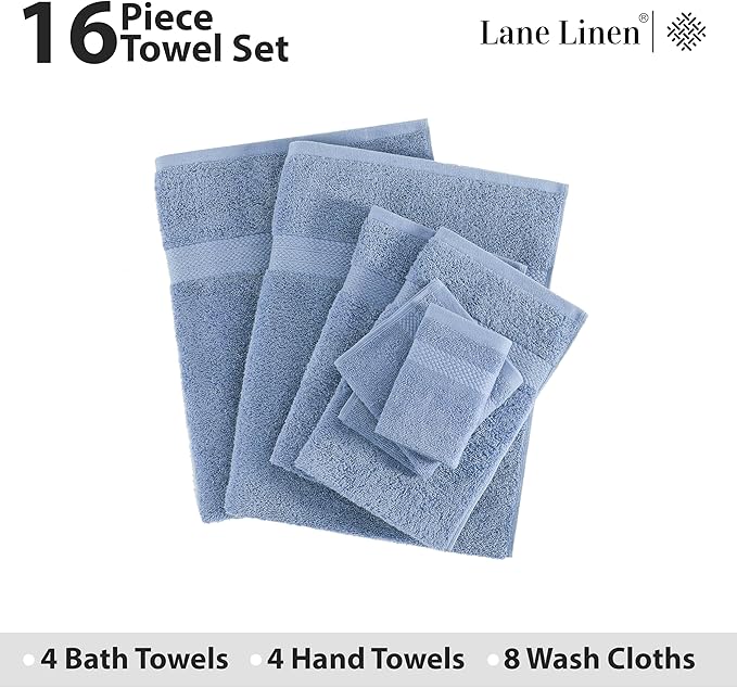 LANE LINEN 100% Cotton Premium Bathroom Towels Set - 16 Pieces - Ring Spun, Quick Dry, Super Soft & Highly Absorbent - 4 Bath, 8 Washcloths, 4 Hand Towels for Bathroom - Pre Shrunk - Cerulean Blue