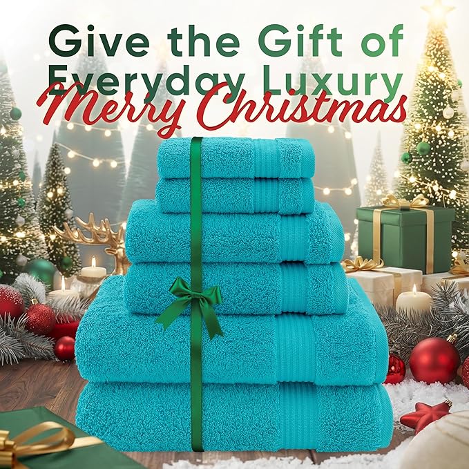 American Veteran Towel, 100% Cotton Turkish 6 Piece Towel Set Luxury Towels Set of 6 for Bathroom Essentials 2 Bath Towels 2 Hand Towels 2 Washcloths, Aqua Blue