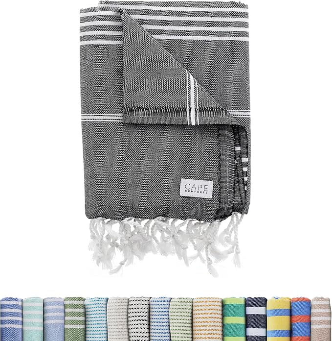 Large Turkish Beach Towel, Classic Black - Super Soft & Lightweight Quick Dry Absorbent Towels for Beach, Picnic Blanket or Bath Towel - Sand Free Organic Turkish Cotton Yarn