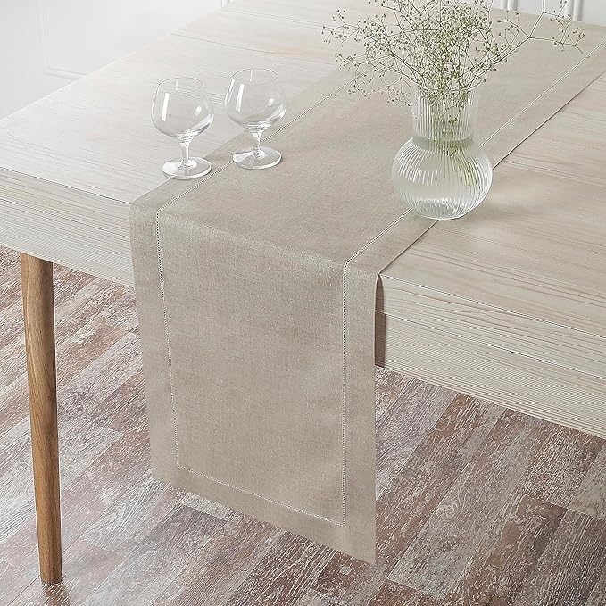 D'Moksha Homes Linen Natural Table Runner 132 Inches Long - 100% Pure Linen Extra Long Table Runner 14 x 132 Inch for Winter, Holiday, New Year - Classic Hemstitch