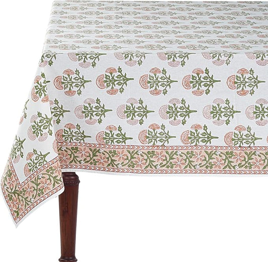 Ridhi Mughal Buta Peach Hand Block Print Cotton Rectangle Tablecloth 108" x 70" inches Reusable Table Cover Decorative Everyday Use for Dining, Farmhouse, Home, Party, Festive, Wedding, Fall