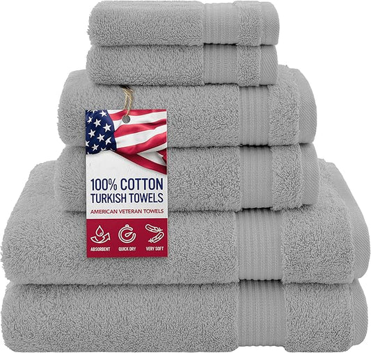 American Veteran Towel, 100% Cotton Turkish 6 Piece Towel Set, Luxury Towels Set of 6 for Bathroom Essentials, 2 Bath Towel 2 Hand Towel 2 Washcloth, Light Grey