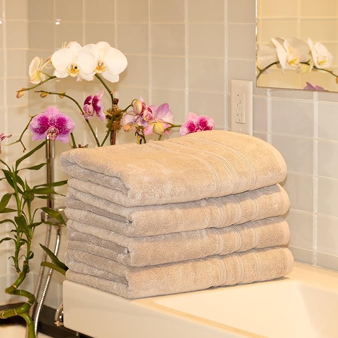 Mosobam Luxury Turkish Set of 4 Bath Towels 30X58 Light Grey (Gray) 700 GSM Bamboo Viscose & Aegean Turkish Combed Cotton