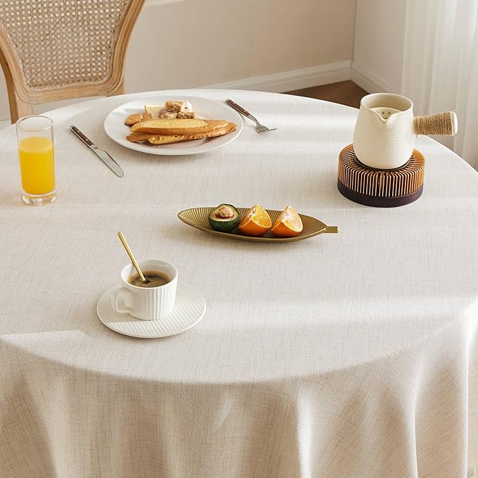 Linen Tablecloth with Tassels, Farmhouse Style Light Beige Tablecloth, Water Resistant Burlap Tablecloths for Round Table, 52 Inch Round Light Tan