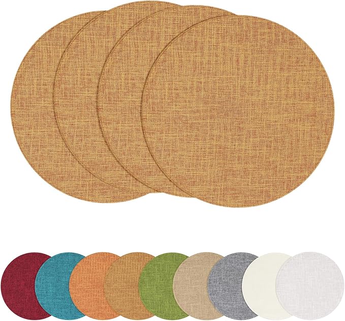homing 15 Inch Round Cloth Placemats Set of 4, Cotton Linen Blend Washable Table Mats, Farmhouse Dining Place Mats for Indoors & Outdoors, Easy to Clean, Amber