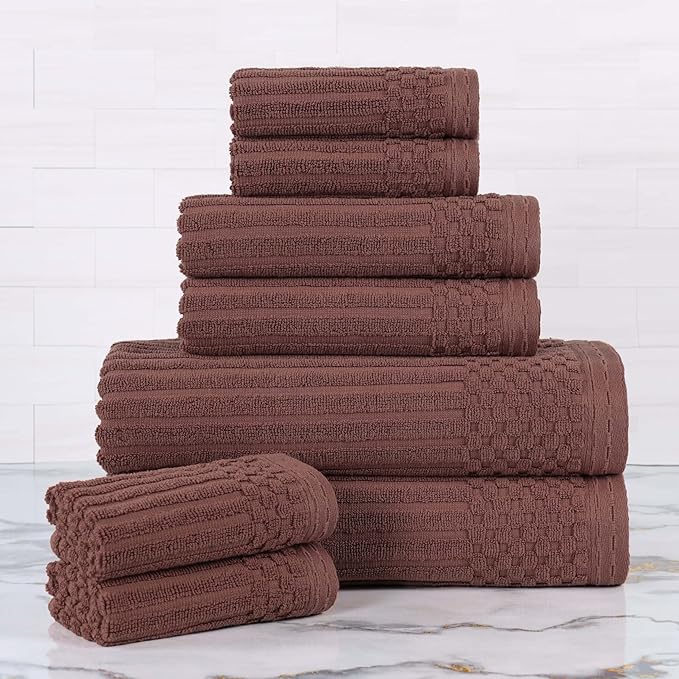 Cotton 8-Piece Solid and Ribbed Towel Set, Face Towels 13” x 13”, Hand Towels 16” x 28”, Bath Towels 27” x 54”, Java by Superior