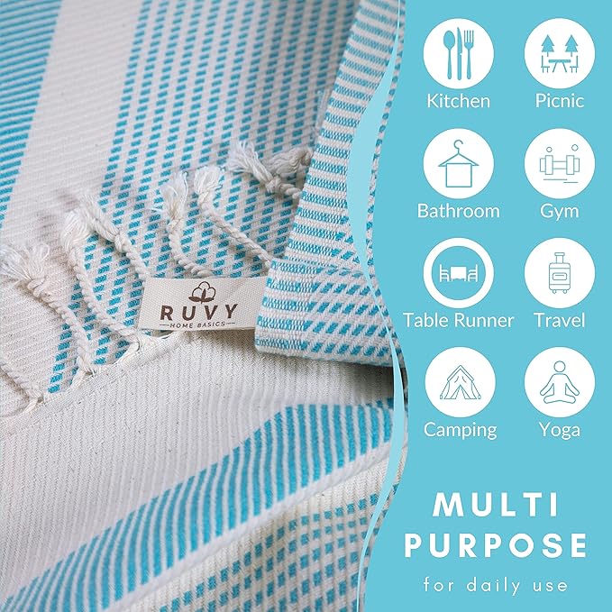 Ruvy Home Basics Turkish Hand Towels for Bathroom Set of 2 | 18"x40", Cotton | Decorative Towel for Bathroom, Kitchen, Dishcloth, Tea, Yoga, Face, Gym - Turquoise