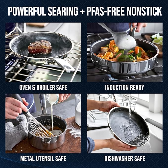 Blue Diamond Hybrid Nonstick Stainless Steel 8 Piece Cookware Set, Tri-Ply PFAS-Free Ceramic Diamond Bond Pots & Pans, Dishwasher & Oven Safe to 850F, Induction Ready, Metal Utensil Safe, Silver