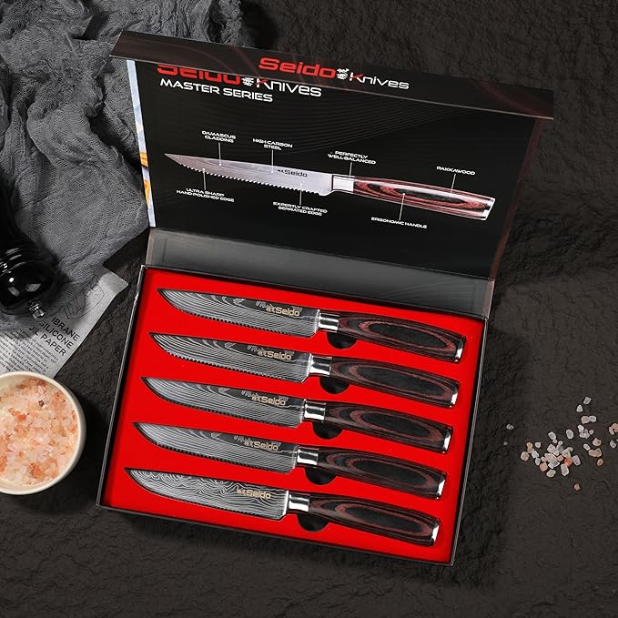 Seido Knives 5-Piece Straight-Edge Steak Knives Set - Full Tang with Ergonomic Pakkawood Handles, Stainless Steel Blades with Damascus Etching