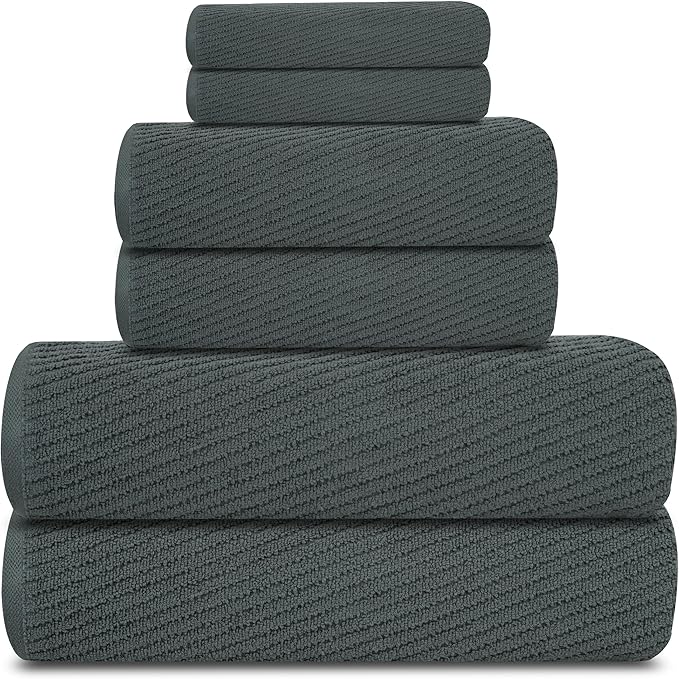 Tens Towels Pack of 6 Zero Twist Towels Set, 2 Bath, 2 Hand, 2 Waschloths, 100% Cotton, Light Weight, Extra Absorbent, Exceptional Softness, Perfect for Bathroom (Dark Grey)