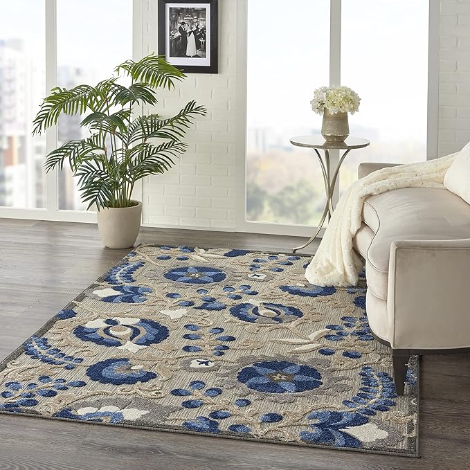 Nourison Aloha Indoor/Outdoor Natural/Blue 3'6" x 5'6" Area -rug, Easy -cleaning, Non Shedding, Bed Room, Living Room, Dining Room, Backyard, Deck, Patio (4x6)