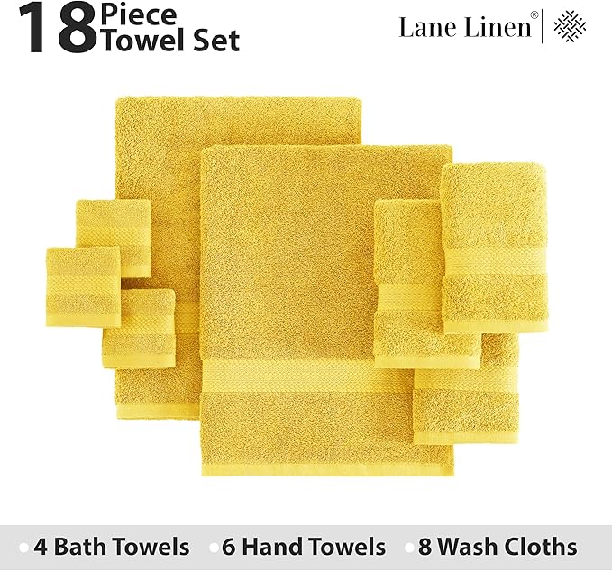 LANE LINEN 100% Cotton Turkish Bath Towel Set, 18PCs - 4 Bath, 8 Washcloths, 6 Hand Towels for Bathroom - Sustainably Produced and Eco Friendly, Oeko-Tex Certified & Gentle on Skin - Mimosa
