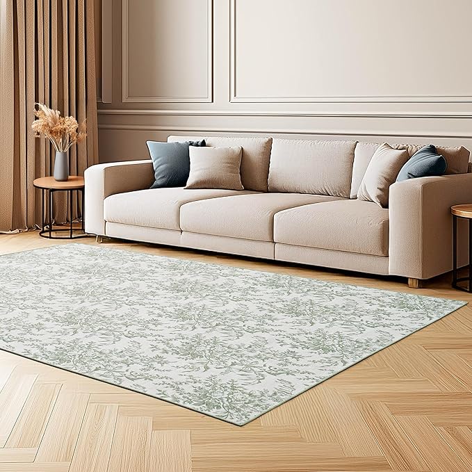 Laura Ashley Sage Ivory Bedford Floral Machine Washable & Slip Resistant 5' x 7' Area Rug