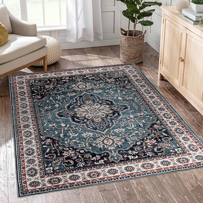 Easy-Going Area Rug 4x6 Medallion Distressed Washable Rugs for Living Room Non-Slip Bedroom Rug Low Pile Lightweight Vintage Retro Throw Rug for Dining Room Kitchen Home Office Carpet, Teal Brick