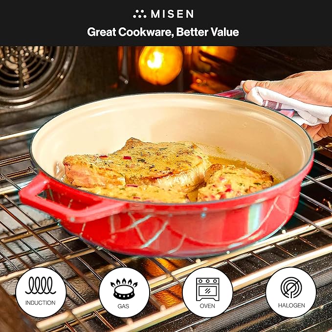 Misen 5.5 QT Braiser – Enameled Cast Iron Pan for Searing, Braising & Slow Cooking – No-Chip Enamel Coating – Extra-Wide Handles – Superior Heat Retention & Even Cooking - Red