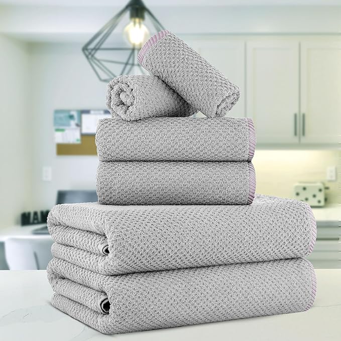 CASA COPENHAGEN Popcorn 6 Pieces Towel Set- Grey Violet, 600 GSM 2 Bath Towel 2 Hand Towel 2 Washcloth, Designed in Denmark Made of Soft Egyptian Cotton for Bathroom, Kitchen & Shower