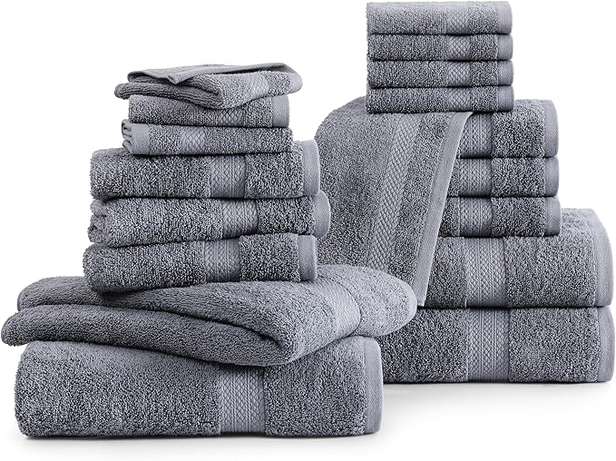 LANE LINEN 100% Cotton Bath Towel Set - Sustainably Produced, 18PCs Towels for Bathroom - 6 Hand, 8 Washcloths, 4 Shower Towels - Machine Washable, Quick Drying, Highly Absorbent - Cool Grey