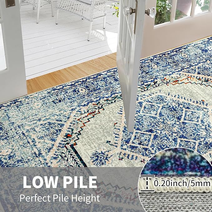 Easy-Going Large 8x10 Washable Boho Area Rug for Living Room Non-Slip Bedroom Rug Low Pile Lightweight Medallion Distressed Throw Carpet for Dining Room Kitchen Home Office, Vintage Blue Cream