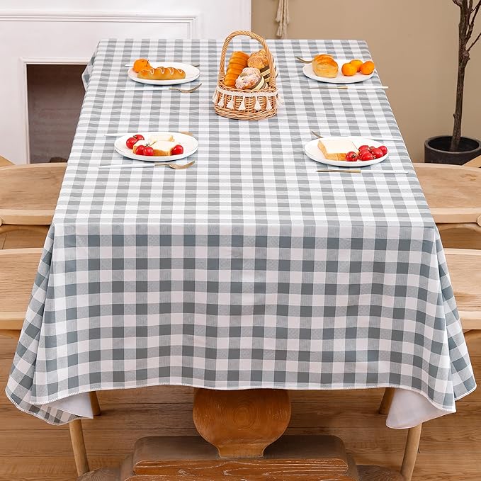 Heavy Duty Vinyl Tablecloth with Flannel Backing Waterproof Oil-Proof Plastic Table Cloth Stain-Resistant Wipeable Rectangle or Square Table Cover for Indoor and Outdoor (Grey Checkered, 60x102 Inch)