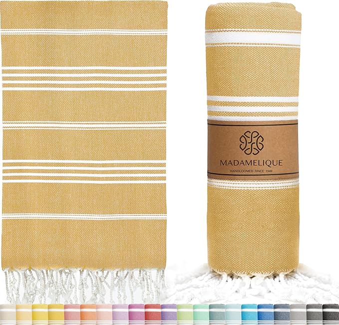 Madamelique Turkish Beach Towel Oversized - 39 x 74 - Prewashed Beach Towels Oversized - Quick Dry - Sand Free - Beach Essentials - Travel Towel - Hand Loomed (Mediterranean Without Bag, Gold)