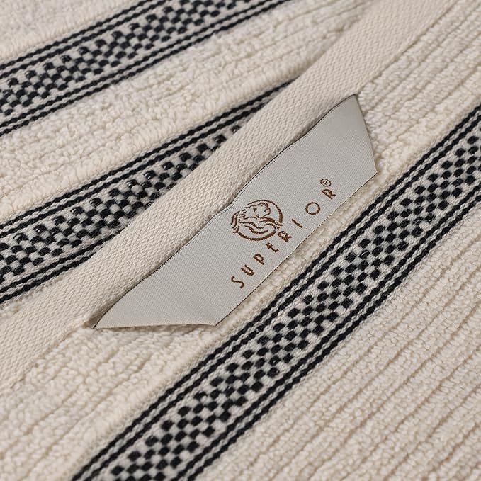 Superior Cotton 12-Piece Towel Set, Zero Twist, Ribbed Geometric, Bathroom Essentials, Shower, Spa, Luxury Plush Soft Absorbent Towels, Includes 4 Bath, 4 Hand, 4 Washcloth/Face Towels, Ivory