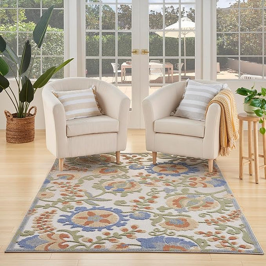 Nourison Home Aloha Ivory Blue 5'3" x 7'5" Area Rug - Easy Clean, Non Shedding, Bed Room, Living Room, Dining Room, Kitchen (5' x 8')