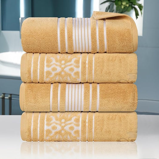 Superior Cotton Bath Towel Set, Large Plush Absorbent Body Towels, Luxury Soft Quick Drying, Shower, Spa, Hotel, Pool, Guest Bathroom, Home Essentials, Zero Twist, Assorted Design, Set of 4, Gold