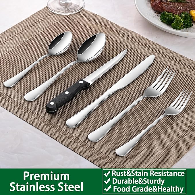 49 Pieces Silverware Sets With Organizer And Steak Knives,Stainless Steel Flatware Sets Service For 8 Person For Home Kitchen,Tableware Cutlery Sets,Includes Knife Spoon and Forks Sets