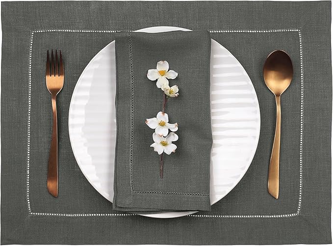 D'Moksha Homes Linen Placemats Set of 4 - Classic Hemstitch Charcoal Grey Placemats 14 x 19 Inch - 100% Pure Linen Table Mats for Christmas, Holiday, New Year - Handcrafted and Machine Washable