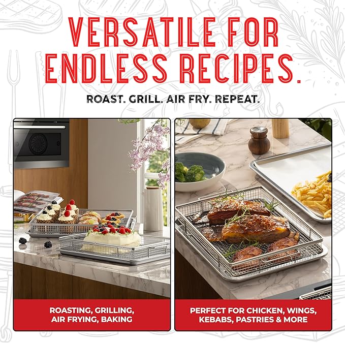 Air Fryer Basket for Oven(Set of 2) – Stainless Steel Air Fryer Tray and Pan Set with 50 Parchment Papers & Food Tongs – Oven Air Fryer Basket and Tray for Baking, Grilling, Crisping