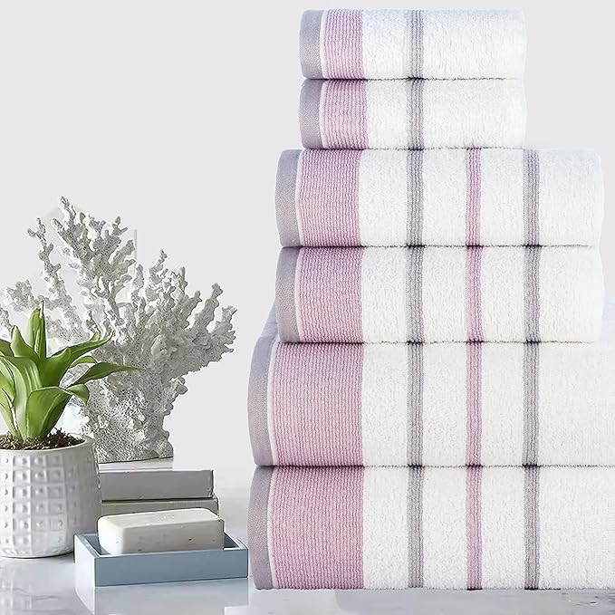 CASA COPENHAGEN White Bay, 6 Pieces Towel Set- White with Lavender and Grey Violet Border, 600 GSM, 2Bath, 2Hand, 2Washcloths Egyptian Cotton Towel for Hotel Spa Kitchen Bathroom Kitchen & Shower