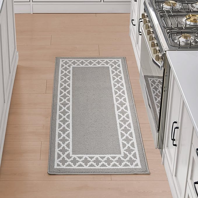 Nautica Runner Rug | Indoor Carpet for Entryway & Hallway Rug| Non-Slip and Non-Skid Entry | Machine Washable Low Profile Floor Mat | 26" x 72"| Trellis Border Light Grey and White