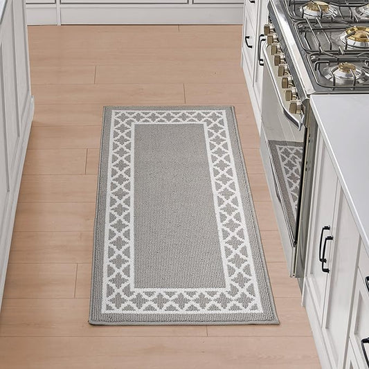 Nautica Runner Rug | Indoor Carpet for Entryway & Hallway Rug| Non-Slip and Non-Skid Entry | Machine Washable Low Profile Floor Mat | 26" x 72"| Trellis Border Light Grey and White