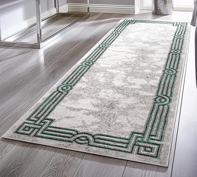 Well Woven Lezlee Abstract Modern 2'7" x 9'10" Runner Rug - Emerald Green Marble Border - for Hallway, Entryway, Stair