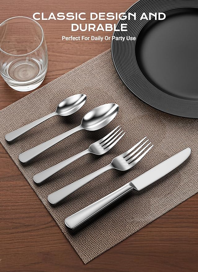 20-Piece Flatware Sets, Silverware Set for 4, Durable Stainless Steel Tableware in Ergonomic Design Size and Weight, Kitchen Utensils Set with Steak Knives, Rust-proof, Dishwasher Safe