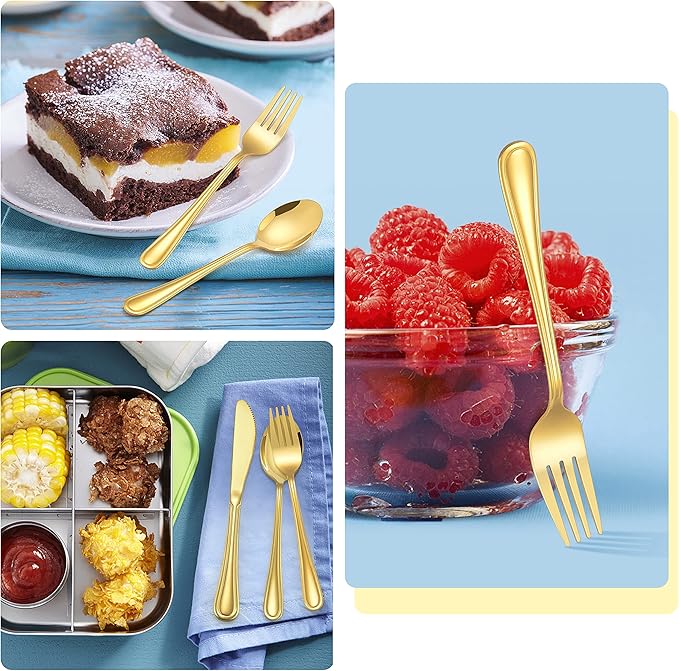 12-Piece Gold Kids Silverware, E-far Stainless Steel Toddler Kids Utensils Safe for Preschooler/Children, Includes 4 Forks 4 Spoons 4 Knife, Slimline Look & Small Size, Healthy & Rust Free